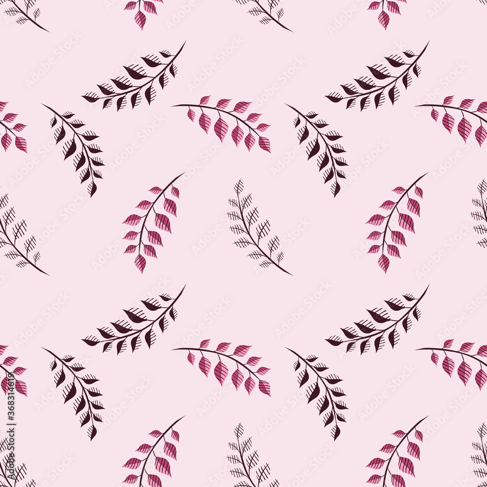 Simple vector seamless pattern with leaves, branches, twigs. Abstract pink and black leaf texture. Elegant minimal floral background. Doodle style illustration. Repeat design for textile, wallpapers