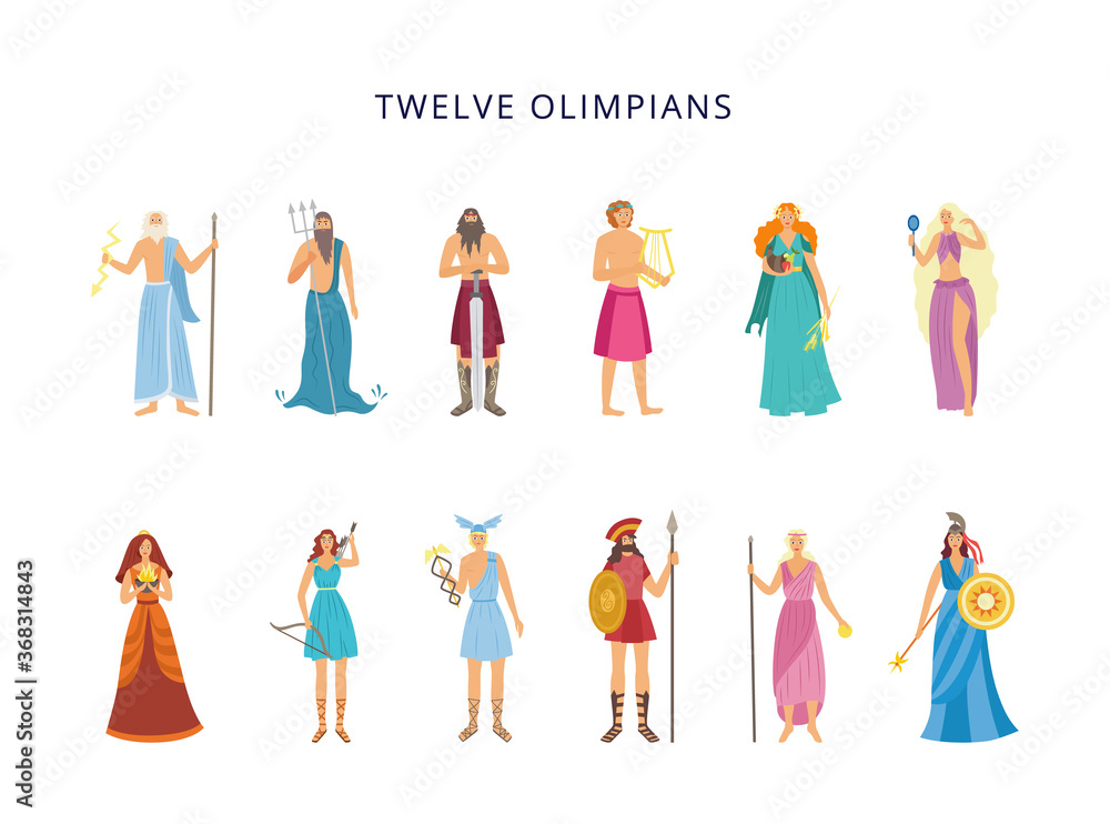 Twelve Olympians of Greek gods and goddesses, flat vector illustration isolated.