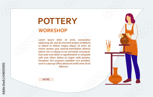 A girl in a pottery workshop is standing with a made pot. Landing page banner.  Handcrafted Pottery Master Class. Vector illustration in flat style.