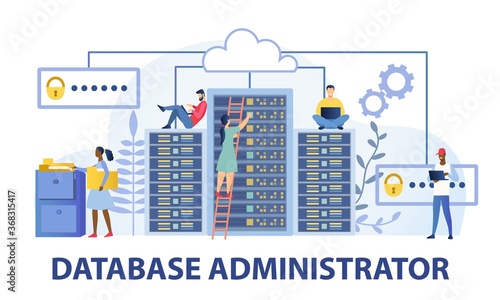 Data Base Administrator computing concept showing technicians working on large stacked servers or doing office work, colored vector illustration