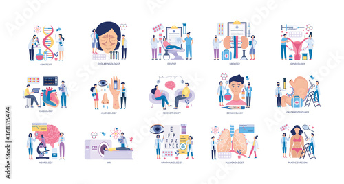 A set of illustrations of examination by medical specialists.