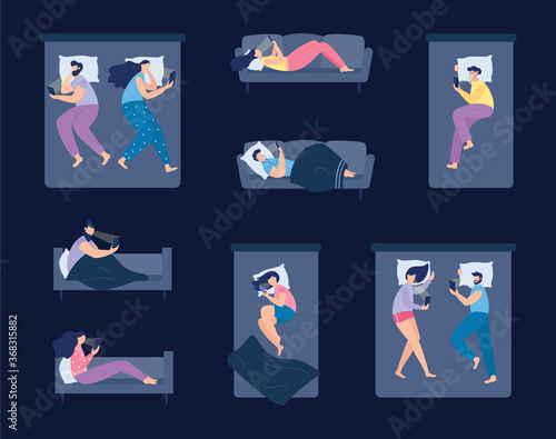 Sleepless people at night with phones, flat vector illustrations set isolated.