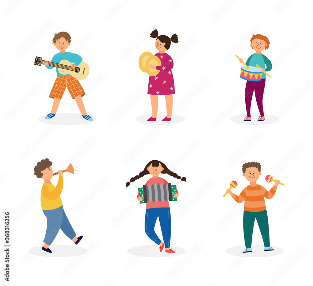 Set of children playing musical instruments flat vector illustration isolated.