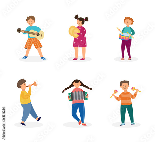 Set of children playing musical instruments flat vector illustration isolated.