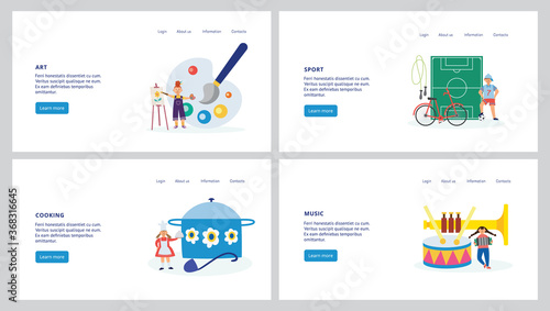 Web pages for children creative and hobby activity flat vector illustration.