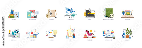 Education icons of school lesson subjects set flat vector illustration isolated.