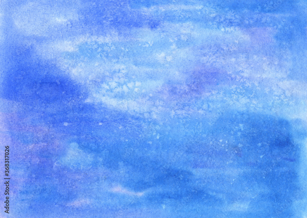 Blue watercolor texture with an effect of salt put on a wet watercolor paint. Deep and fascinating play of different blue tones creates an impression of hight sky and endless space of the Universe. 