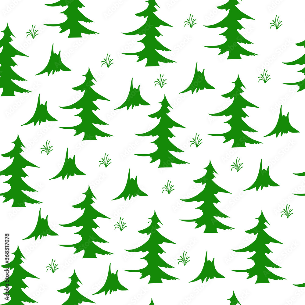 Hand-drawn Christmas tree. Christmas trees green Doodle seamless background.