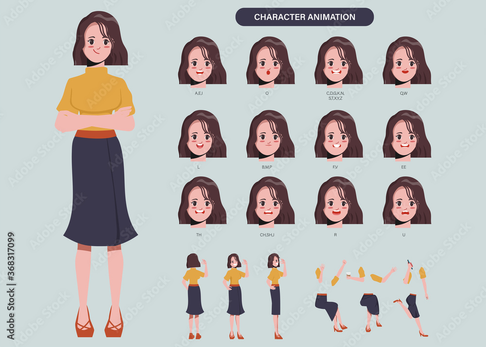 Young business woman character for animated. Creation people with emotions face animation mouth. Flat vector design.