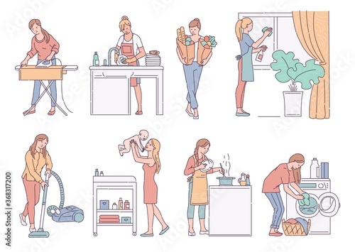 Housewife performs housework activity, sketch vector isolated illustrations set.