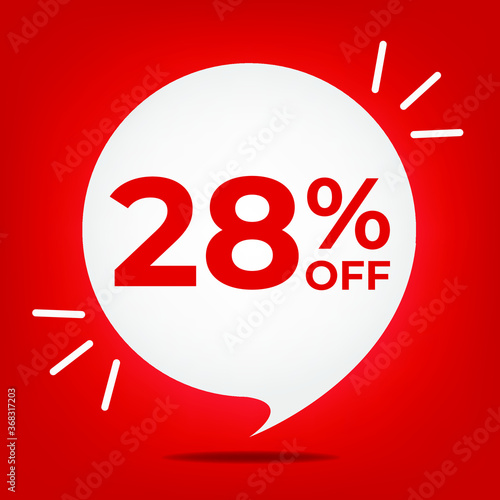 28% off. Banner with twenty-eight percent discount. White bubble on a red background vector.