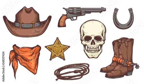 Wild West symbol drawing, set - cowboy hat, boots, gun and skull