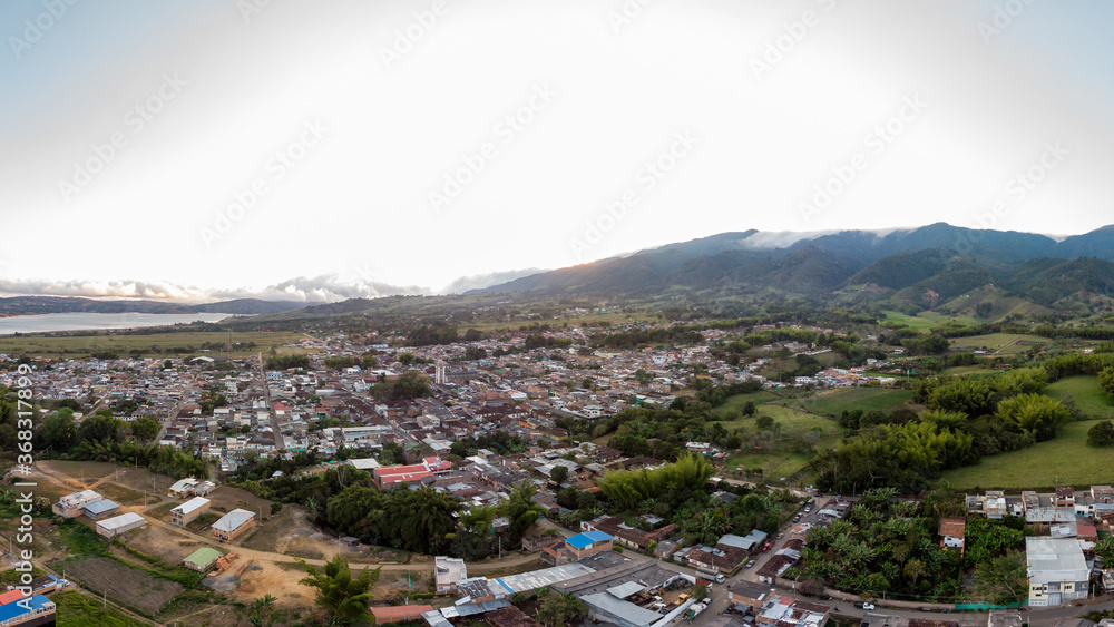 aerial panorama photo of lake calima's town 
