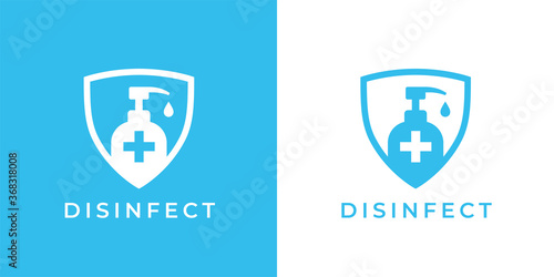 Disinfect medical shield logo. Hand sanitizer badge icon. Antibacterial gel pump dispenser bottle symbol. Sanitary medical hygiene emblem. Vector illustration.