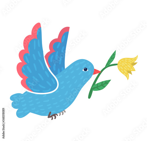 Cute wild blue pigeon carry spring yellow flower, bird flying hold beak blossom isolated on white, flat vector illustration. Design springtime mood, dove pick up field floret leaf.