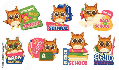 School smart owls with text - a set of vector illustrations.