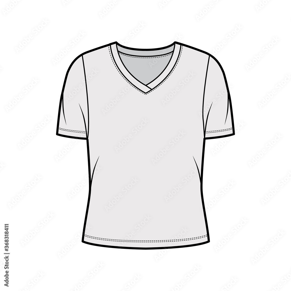 V-neck jersey t-shirt technical fashion illustration with short rib sleeves, oversized body. Flat sweater apparel template front, grey color. Women, men unisex outwear top CAD mockup V-neck jersey t-shirt technical fashion illustration with short rib sleeves, oversized body. Flat sweater apparel template front, grey color. Women, men unisex outwear top CAD mockup
