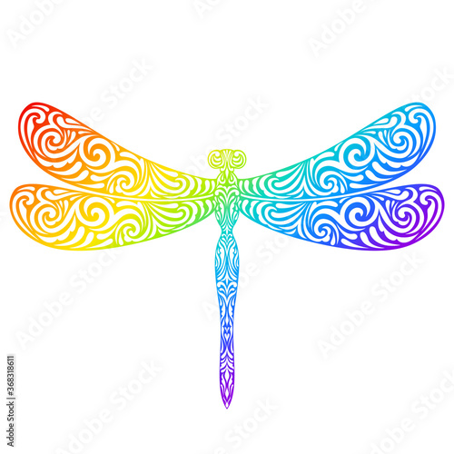 Rainbow vector silhouette of decorative dragonfly on a white background. Summer colorful illustration. Linear style. Hand-drawn. Stylized insect for your design.