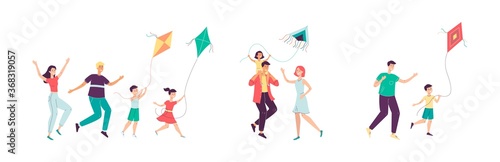 A happy family with children launches a kite set of vector isolated illustrations.