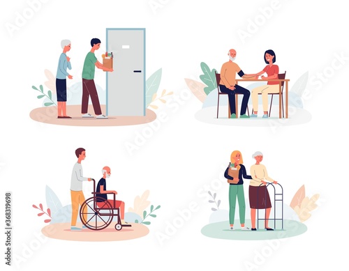 Old people care and support topic set flat vector illustration isolated.