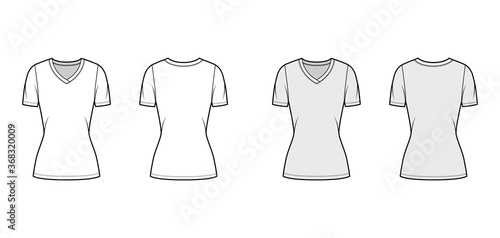 V-neck jersey t-shirt technical fashion illustration with short sleeves, tunic length. Flat sweater apparel template front, back white grey color. Women, men, unisex outwear top CAD mockup