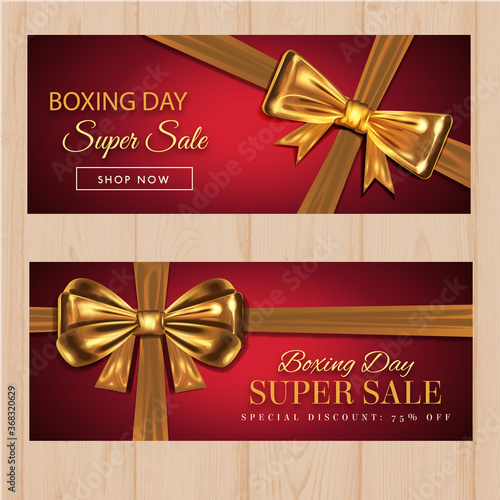 Boxing day sale banners with gold ribbon
