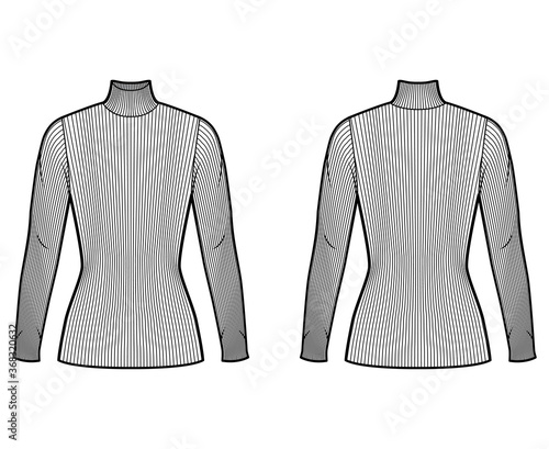 Turtleneck ribbed-knit sweater technical fashion illustration with long sleeves, close-fitting shape, tunic length. Flat sweater apparel template front, back white color. Women, men, unisex shirt top