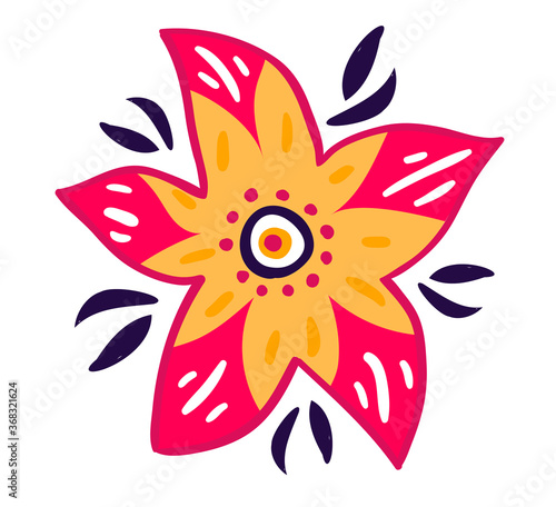 Yellow and red flower, spring blossom grow up isolated on white, cartoon vect...