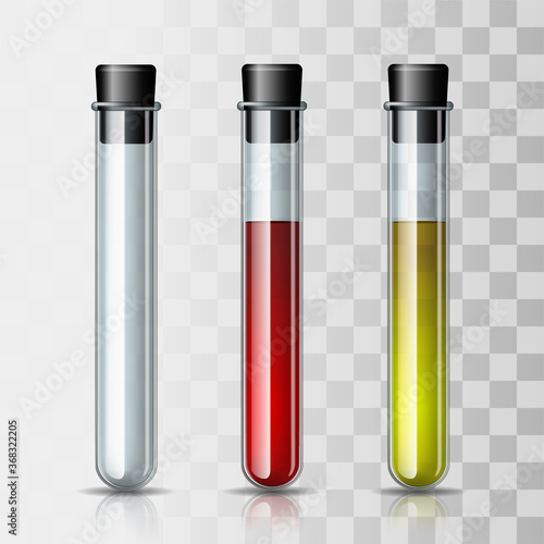 Set of transparent glass chemical laboratory test tubes empty and with red and yellow liquid.