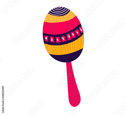 Mexican maraca for play music, mexico concept traditional holiday stuff icon isolated on white, flat vector illustration. Decoration festive musical rumba shaker gear, tradition north america country.