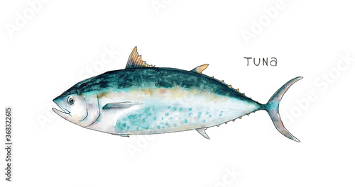 Watercolor hand drawn illustration of Tuna fish with lettering Tuna isolated on white