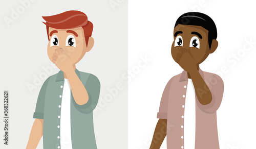 Man holding fingers on nose. Trendy bearded person covering breath with hand for bad smell.