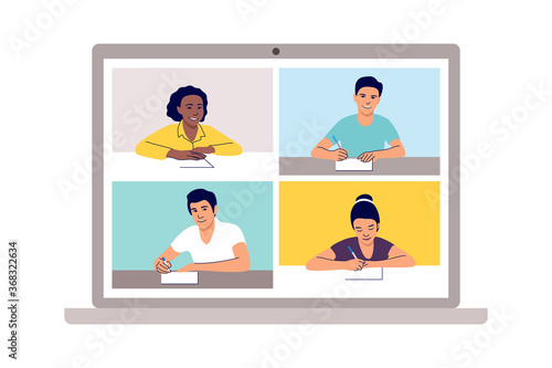 Online remote learning. School learning, study from home via teleconference or web video conference call. Emergency school, college test or course element. Vector illustration.