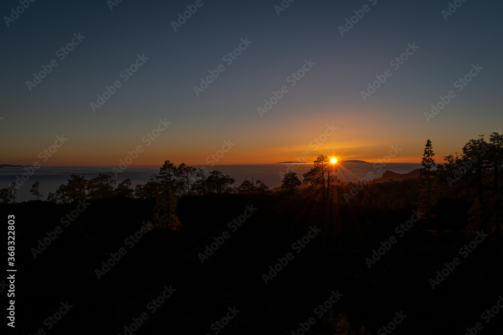 Puesta de sol con árboles y montañas Puesta de sol con árboles y montañas