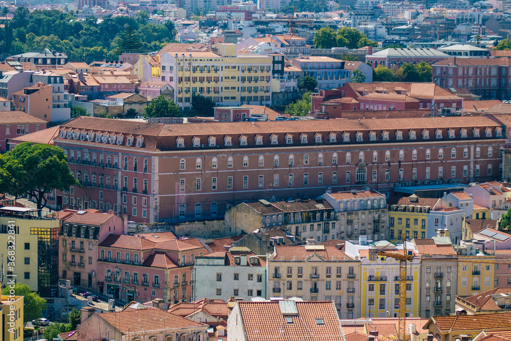 Panoramic view of historical buildings in the downtown area of Lisbon, the hilly coastal capital city of Portugal and one of the oldest cities in Europe