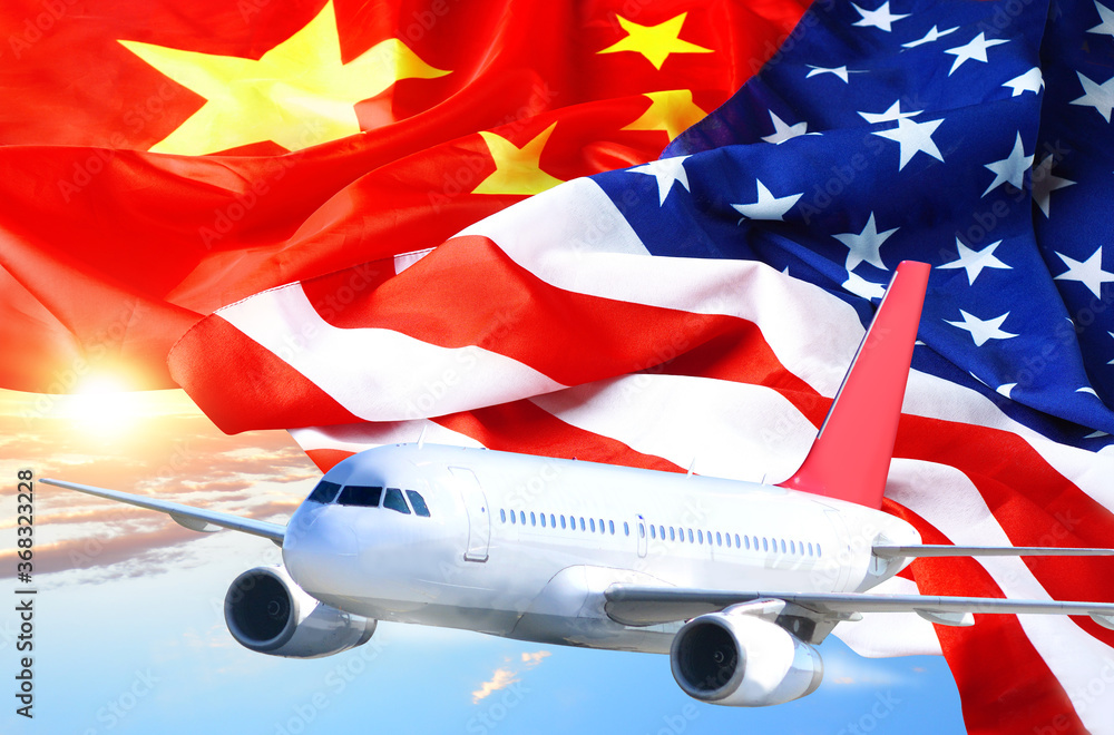 Φωτογραφία Air traffic between America and China concept with airplane against the American