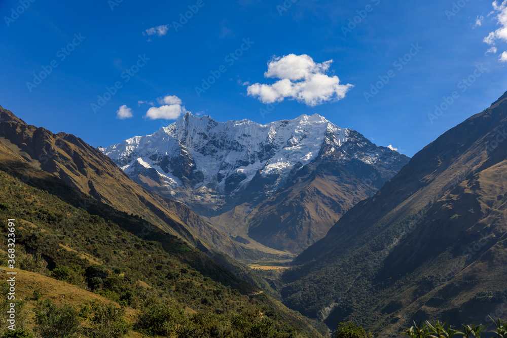 View from Salkantay trek over snowy high peak mountain near Cusco, Peru