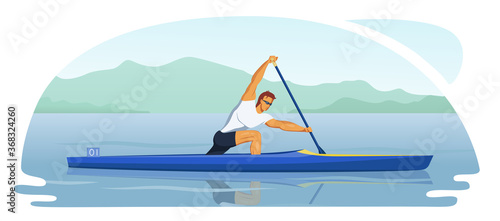Sports male athlete participate in canoeing race sprint. Man kneel and paddles. Canoe training in the middle of a picturesque river. Vector flat design character illustration.