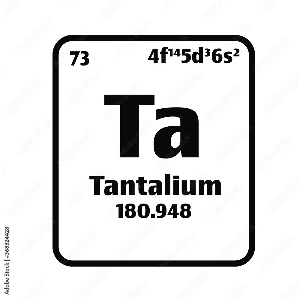 Tantalium (Ta) button on black and white background on the periodic table of elements with atomic number or a chemistry science concept or experiment.	