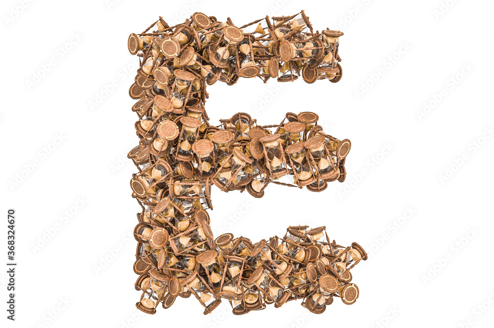 Letter E from hourglass, 3D rendering Letter E from hourglass, 3D rendering
