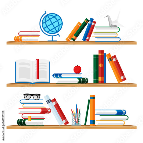 Shelves with colorful books, globe, glasses, apple, pencils and apple. Home library with literature. Vector bookshelf illustration isolated on white background. 