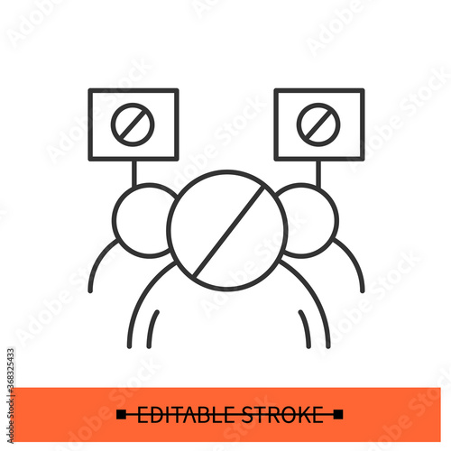Protest march icon. People with boycott banners linear pictogram. Concept of social movement, peaceful strike or demonstration and group political demands. Editable stroke vector illustration