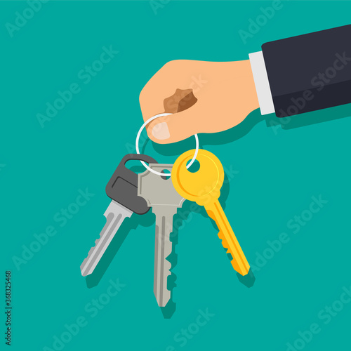 Hand holding bunch of keys. House appartment rental or sale concept. The concept of privacy, security and protection. Vector illustration in a flat trendy style.	