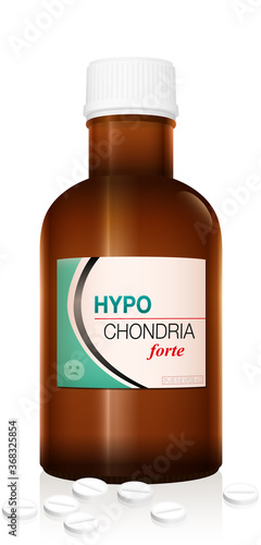 HYPOCHONDRIA pills for hypochondriacs. Brown medicine glass bottle, concerning medical abuse, obsession, addiction and dependence. Isolated vector on white.

