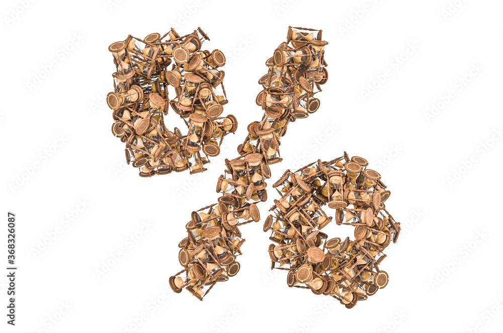 Percent symbol from hourglass, 3D rendering Percent symbol from hourglass, 3D rendering