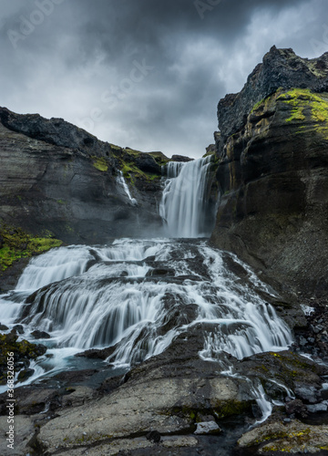 The   f  rufoss waterfall in the Eldgj   canyon  a volcanic canyon in the Vatnajokull National Park  deep inside the central highlands of Iceland.