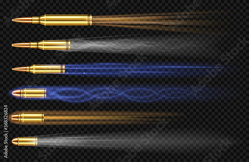 Flying pistol bullets with smoke and fire traces. Shooting gun slugs, military handgun shoot trails in motion, weapon metal shots, ammo isolated on transparent background, realistic 3d vector set