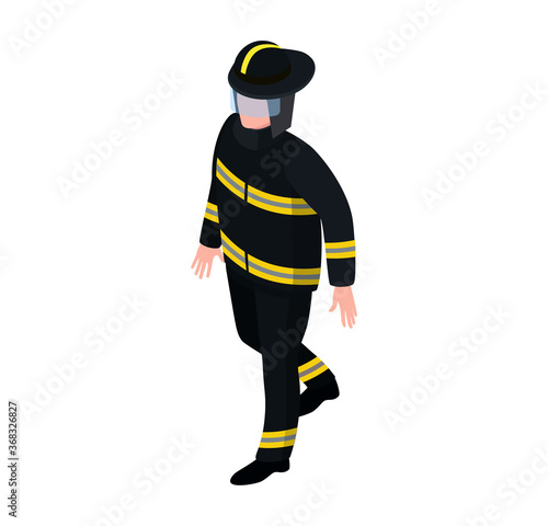 Professional male character fireman extinguish fire standing with water hose isolated on white, isometric vector illustration. Man firefighter full suit, employer emergency service, dangerous work.