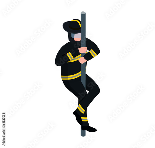 Professional male character fireman extinguish fire standing with water hose isolated on white, isometric vector illustration. Man firefighter full suit, employer emergency service, dangerous work.