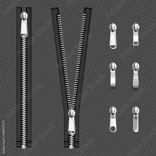 Metal zip fasteners, silver zippers with differently shaped puller and open or closed black fabric tape, clothing hardware isolated on transparent background, Realistic 3d vector illustration, set